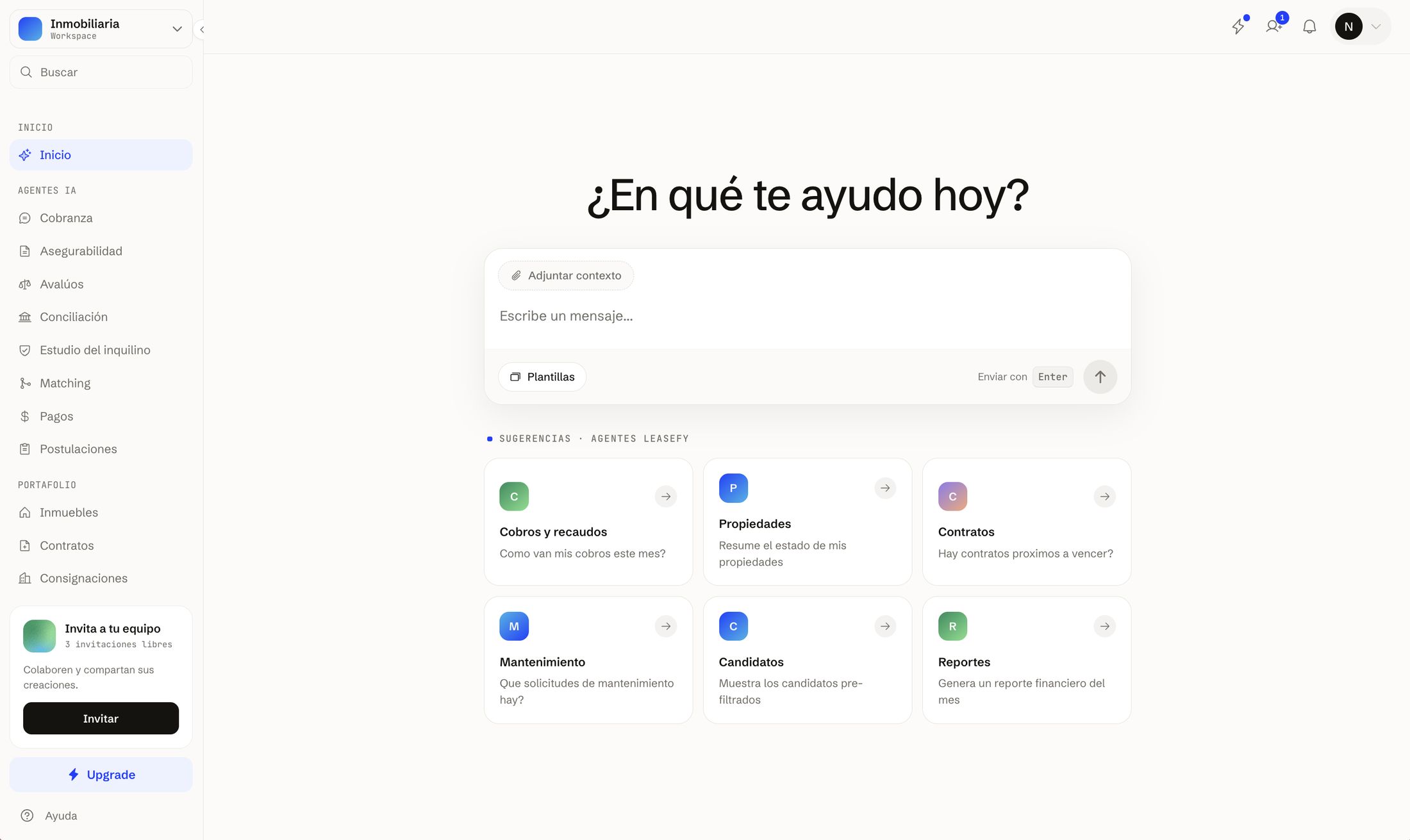 Plataforma Leasefy — centro de agentes AI para tu inmobiliaria