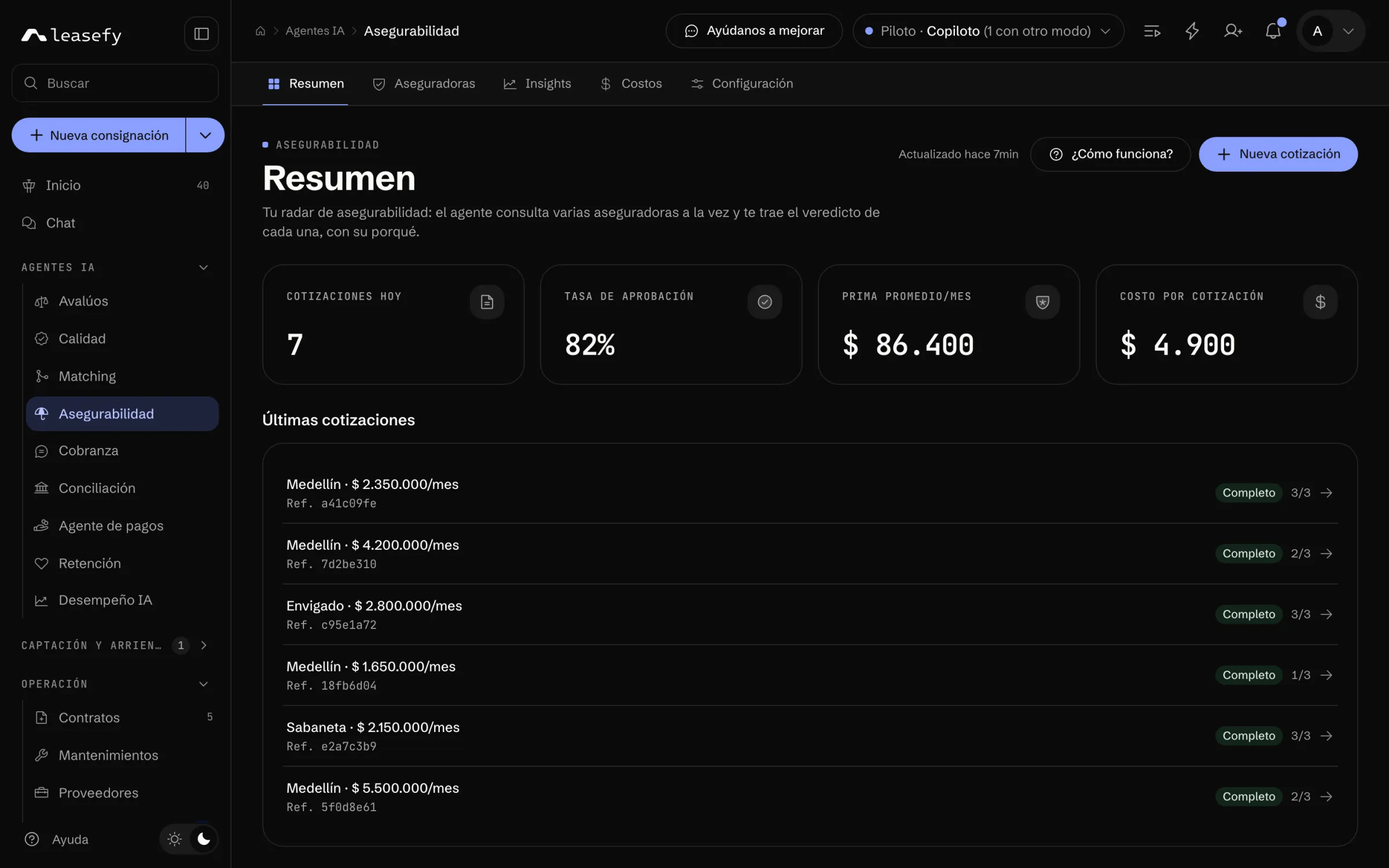 Asegurabilidad: cotizaciones del día contra varias aseguradoras (modo oscuro)