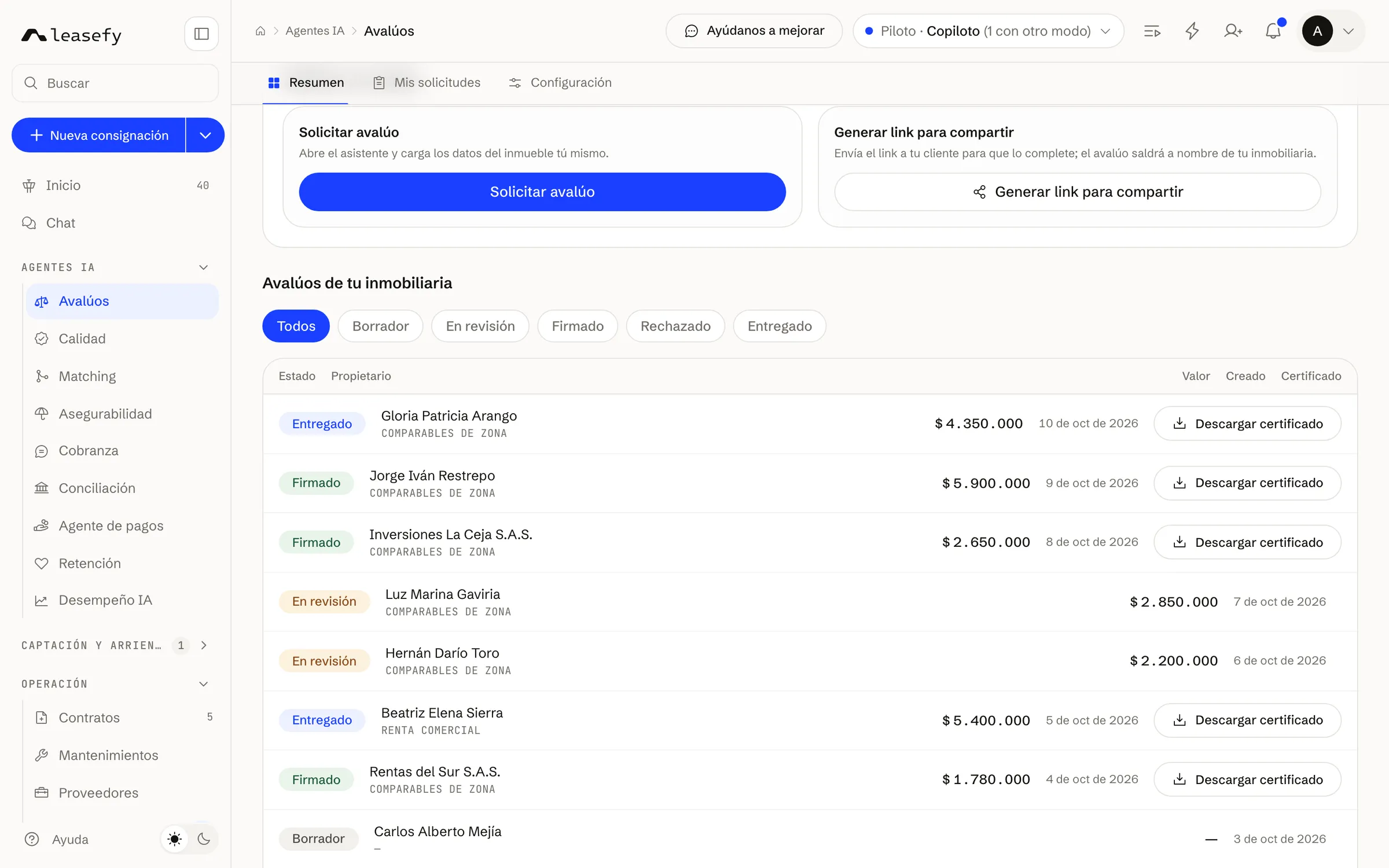 Avalúos de la inmobiliaria con su valor y su certificado