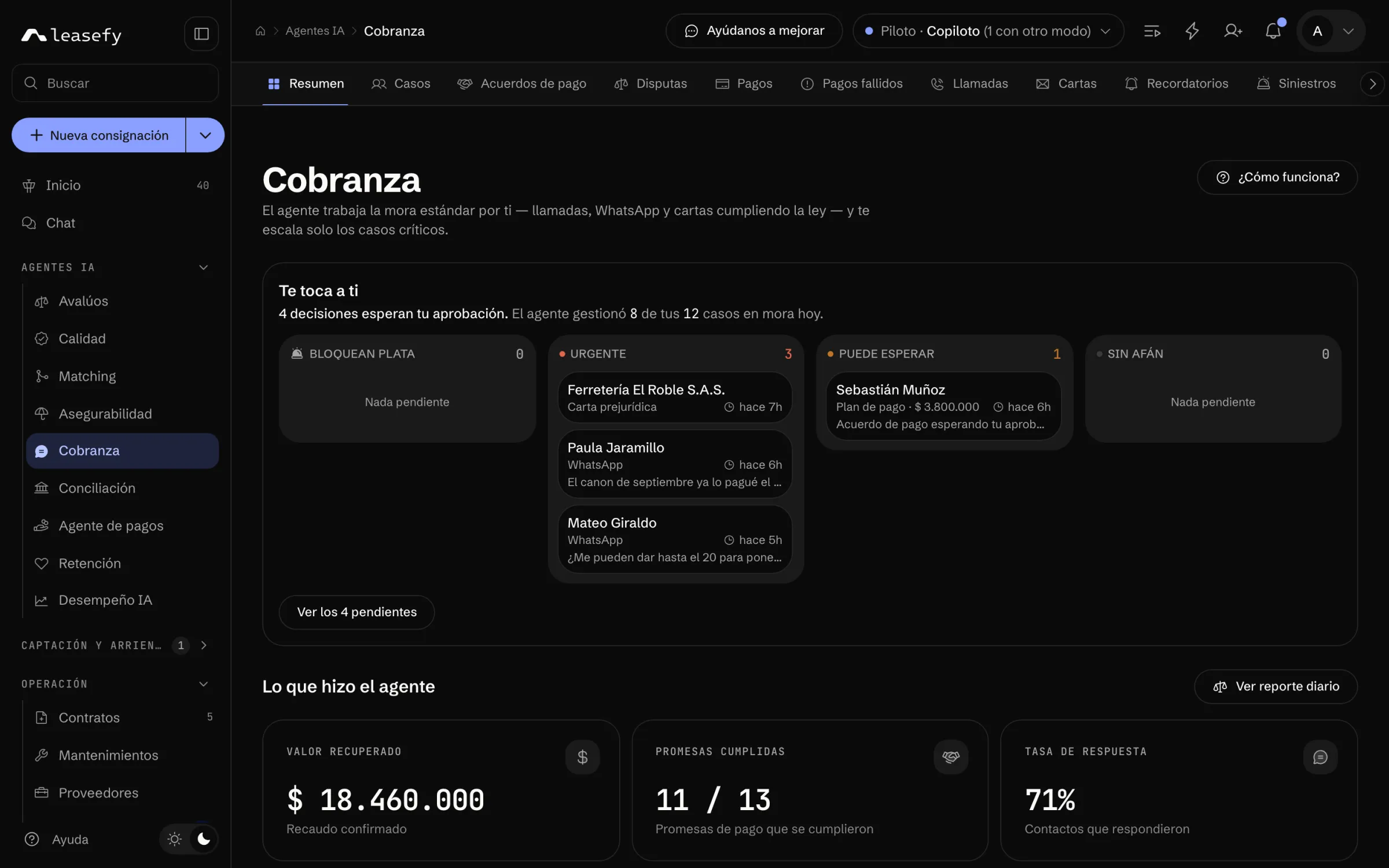 Agente de cobranza: lo que espera tu decisión y lo que recuperó (modo oscuro)