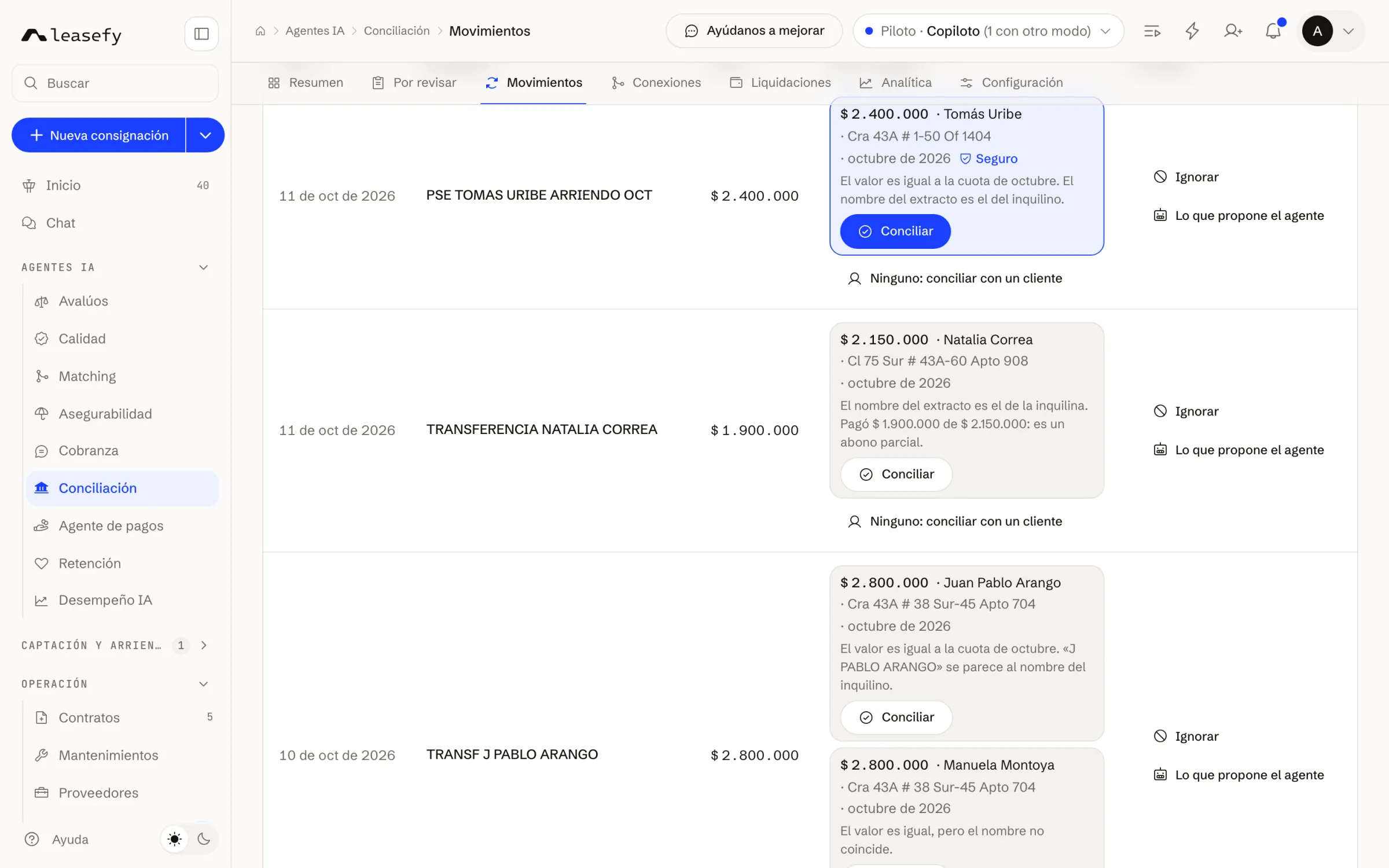Movimientos del extracto con el cruce que sugiere el agente