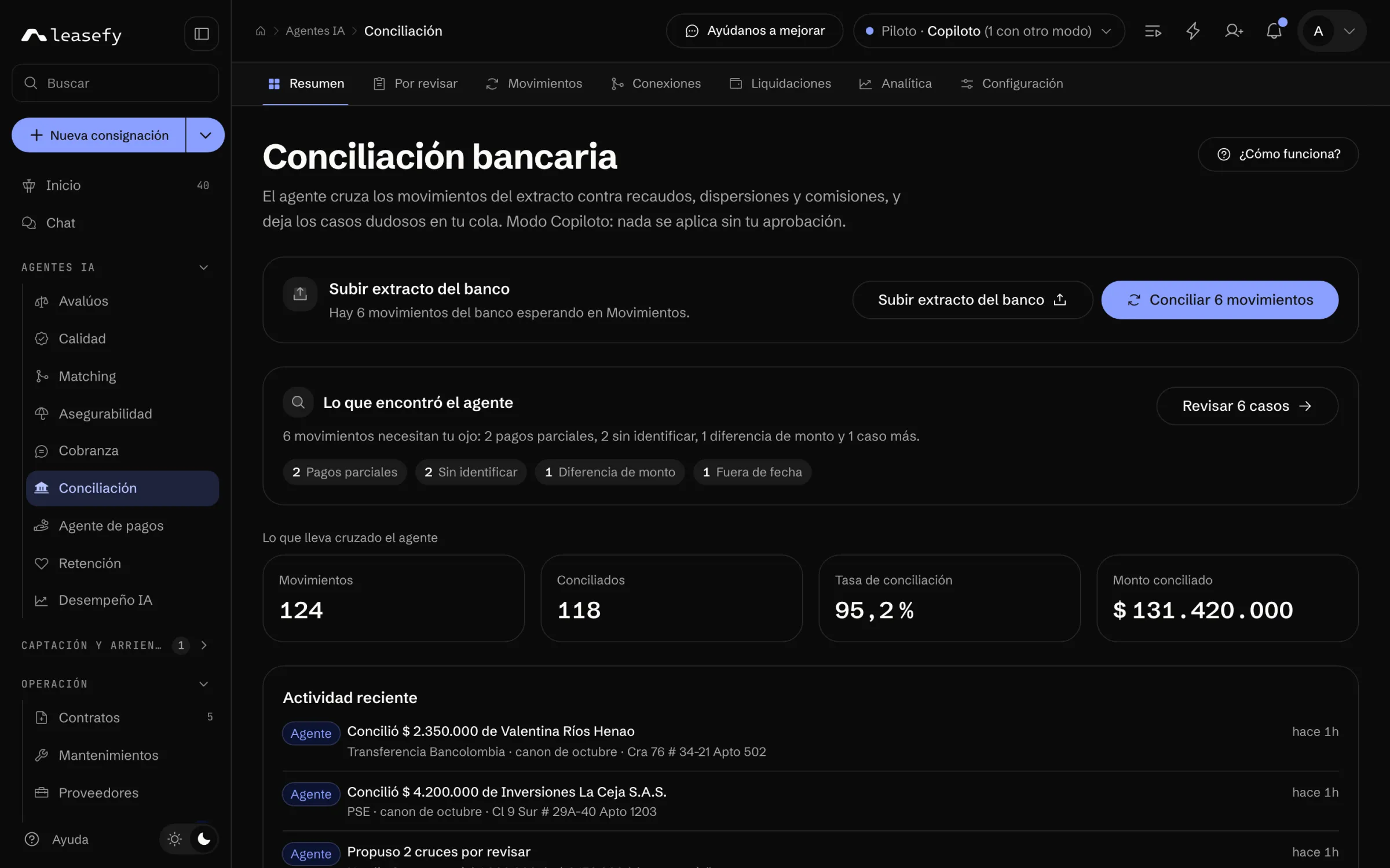 Conciliación bancaria: lo que cruzó el agente y lo que dejó para revisar (modo oscuro)