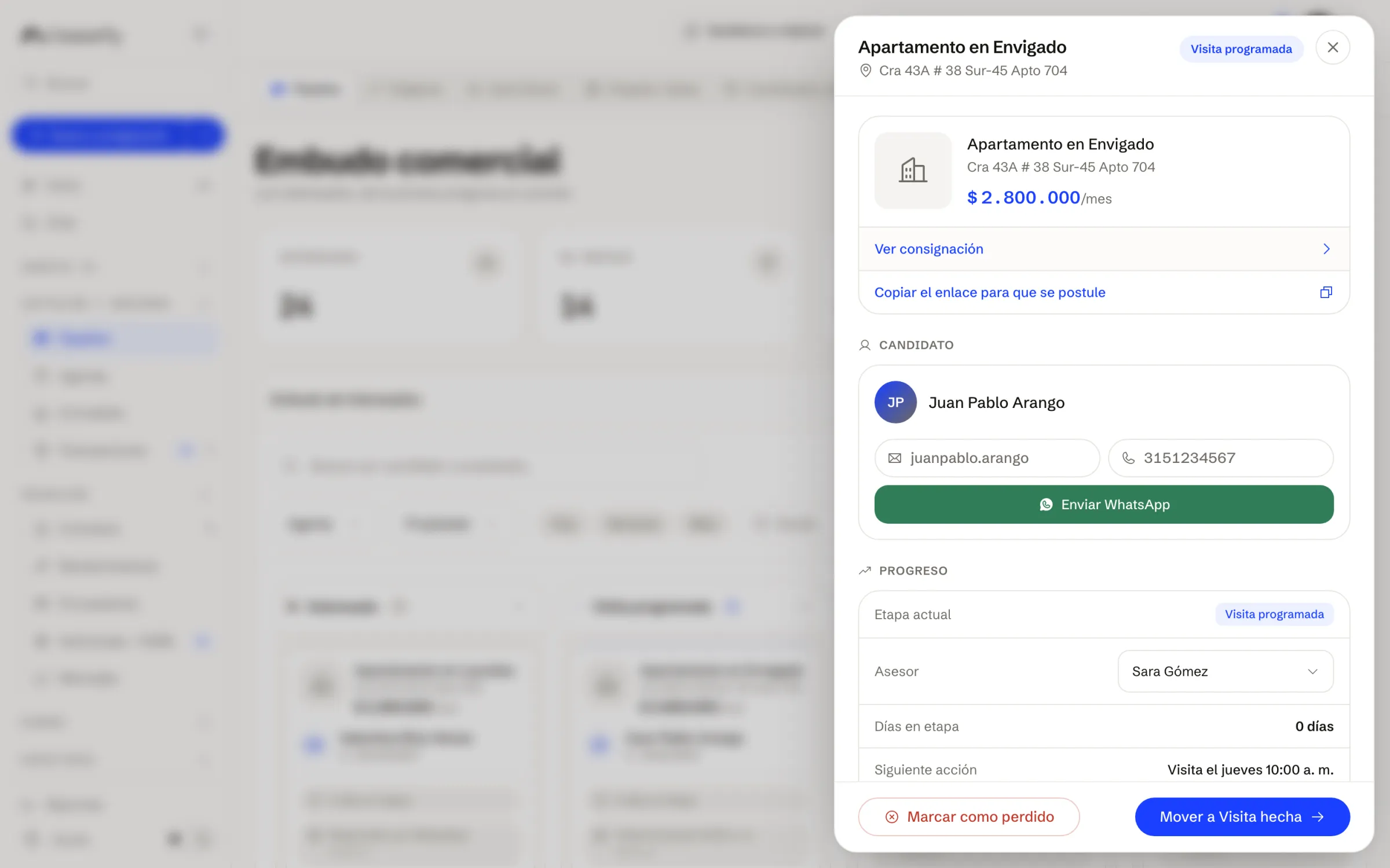 Detalle de un interesado con su asesor y su siguiente acción