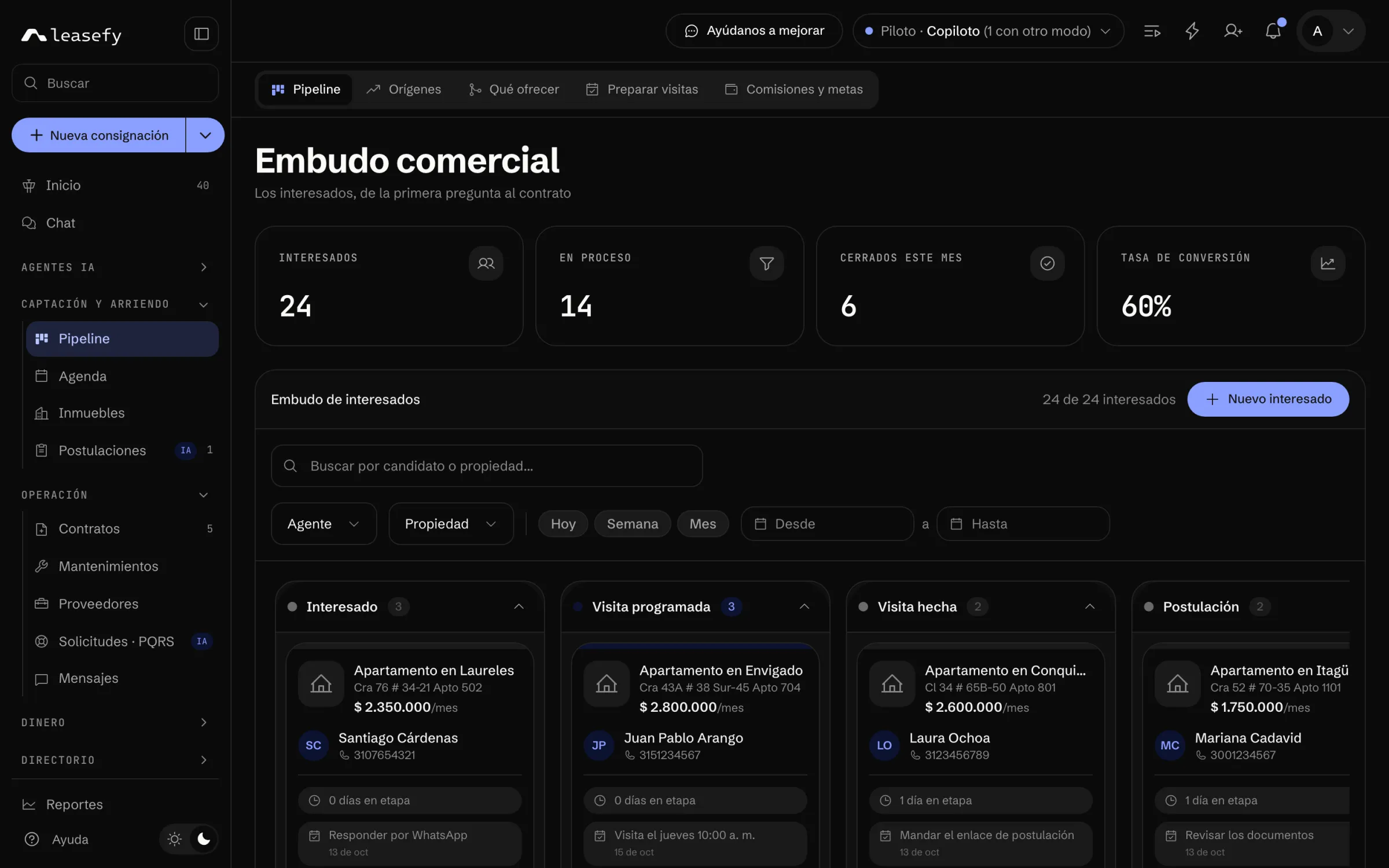 Embudo comercial de Leasefy con los interesados de cada etapa (modo oscuro)