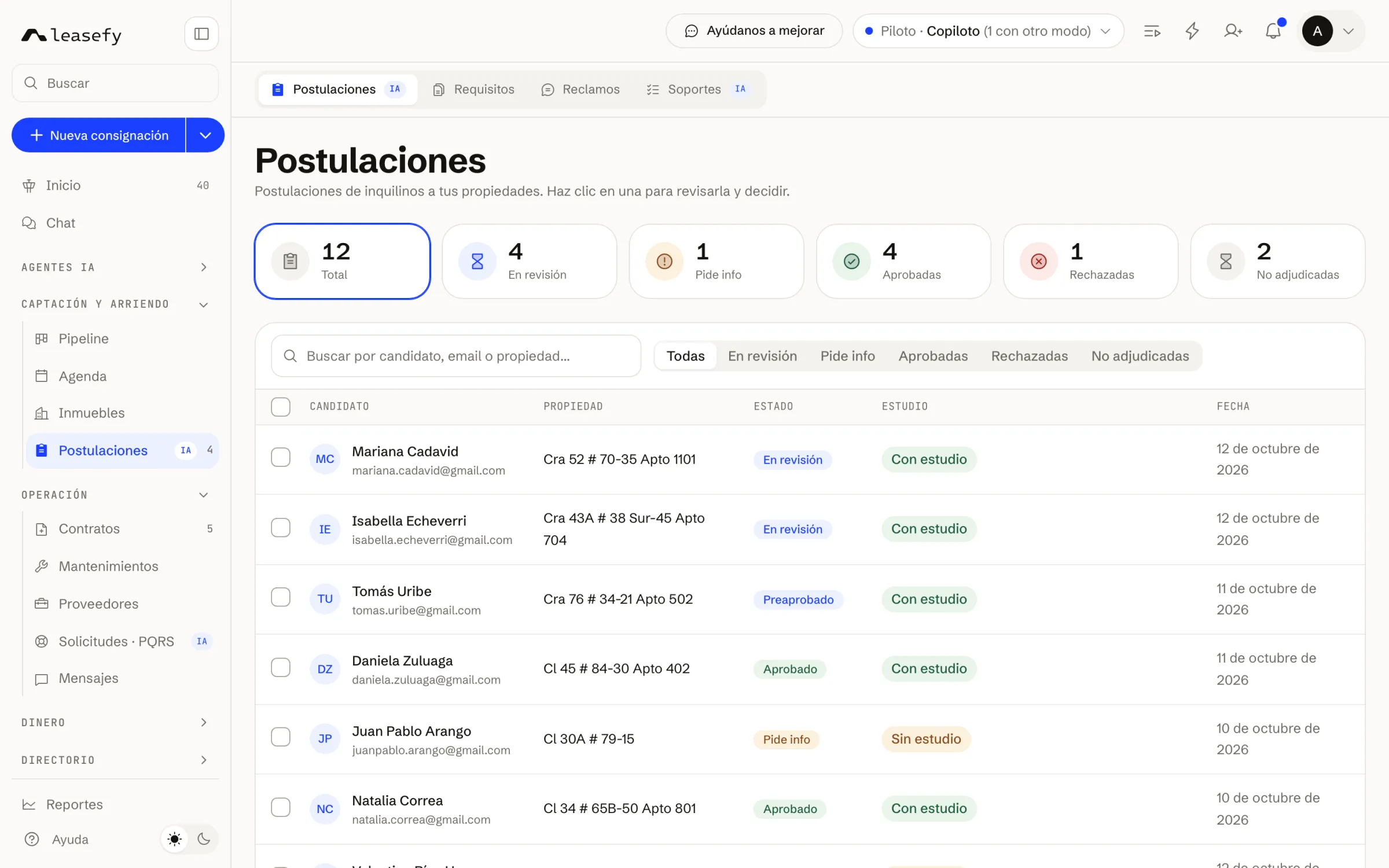 Postulaciones de inquilinos con su estudio