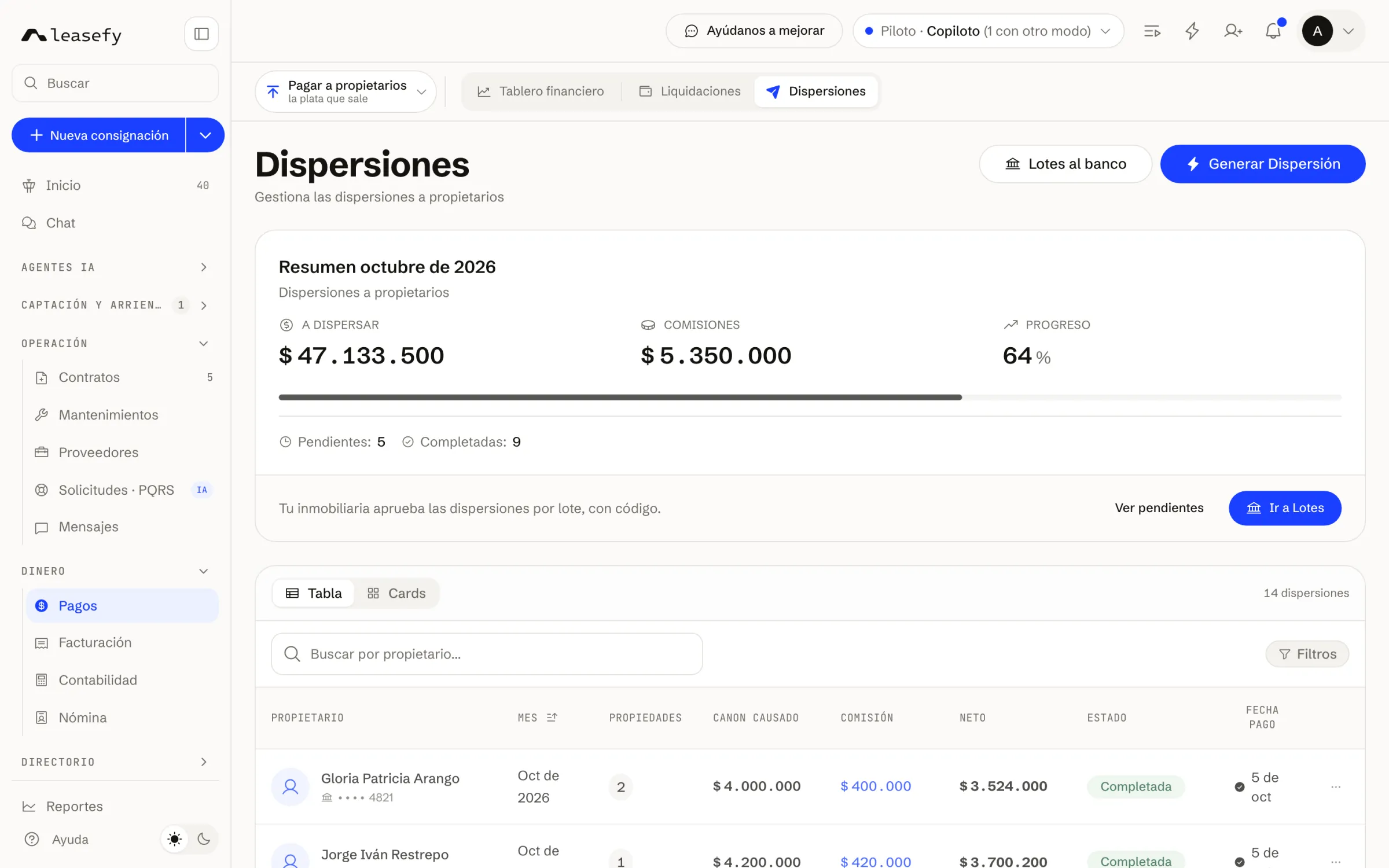 Dispersiones a propietarios con su comisión y su neto