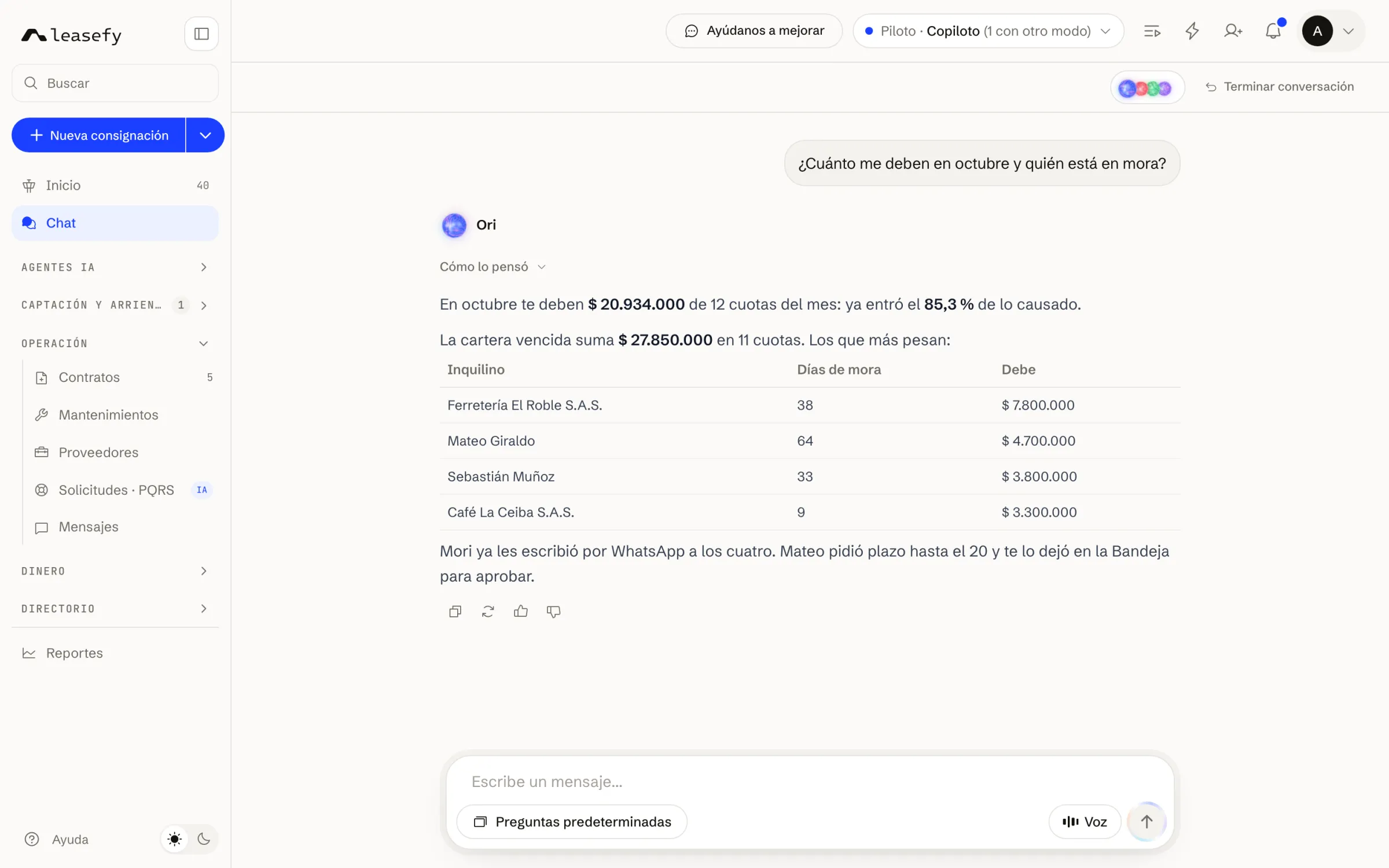 El chat real: Ori responde cuánto te deben y quién está en mora