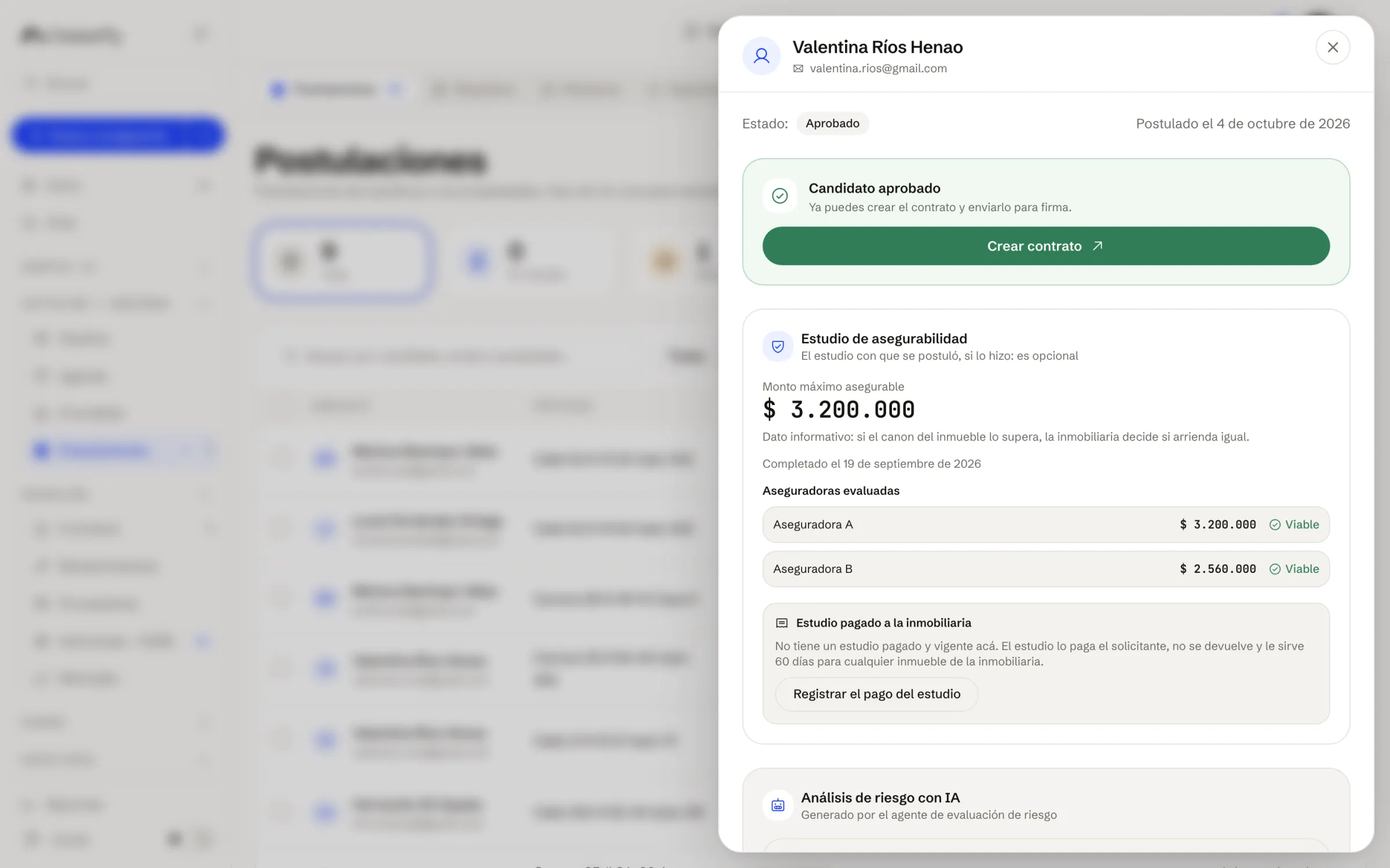 Detalle de una postulante con su estudio de asegurabilidad